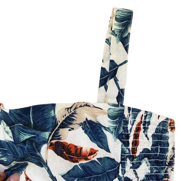 Robin K Sheath Mini Dress Medium White Blue Linen-Cotton Lined Wide Straps Leave - Picture 12 of 16